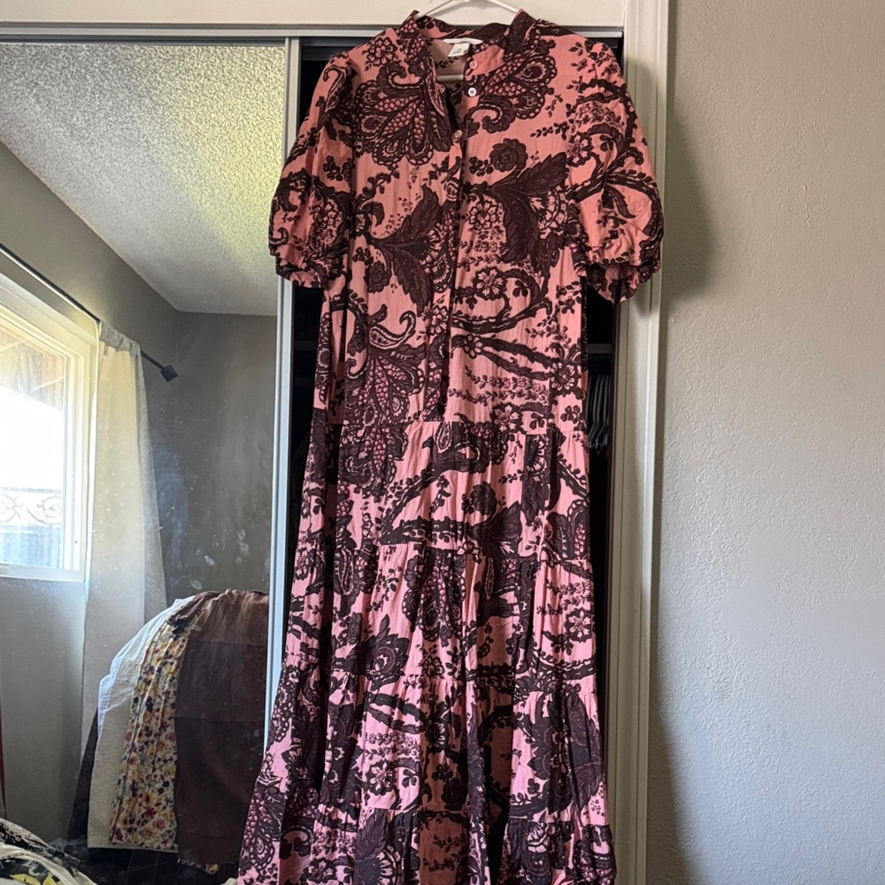 Pink and Brown Paisley Tiered Midi Dress
